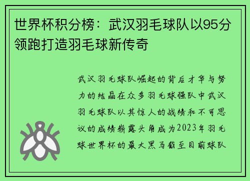 世界杯积分榜：武汉羽毛球队以95分领跑打造羽毛球新传奇