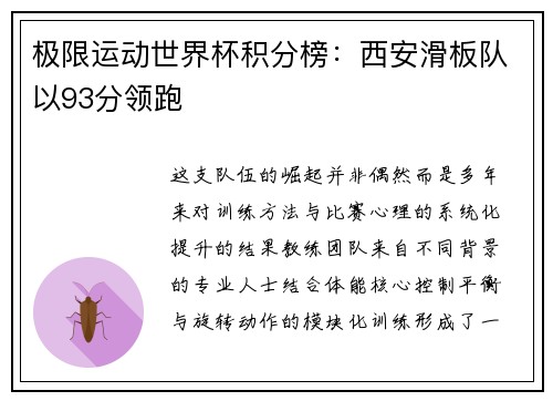 极限运动世界杯积分榜：西安滑板队以93分领跑