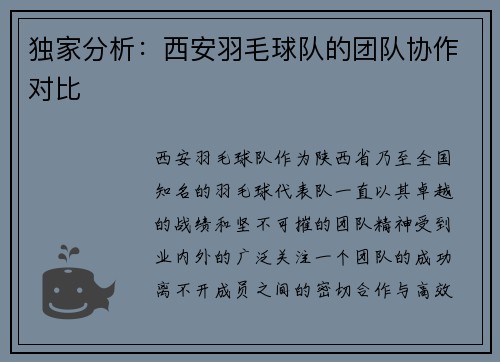 独家分析：西安羽毛球队的团队协作对比